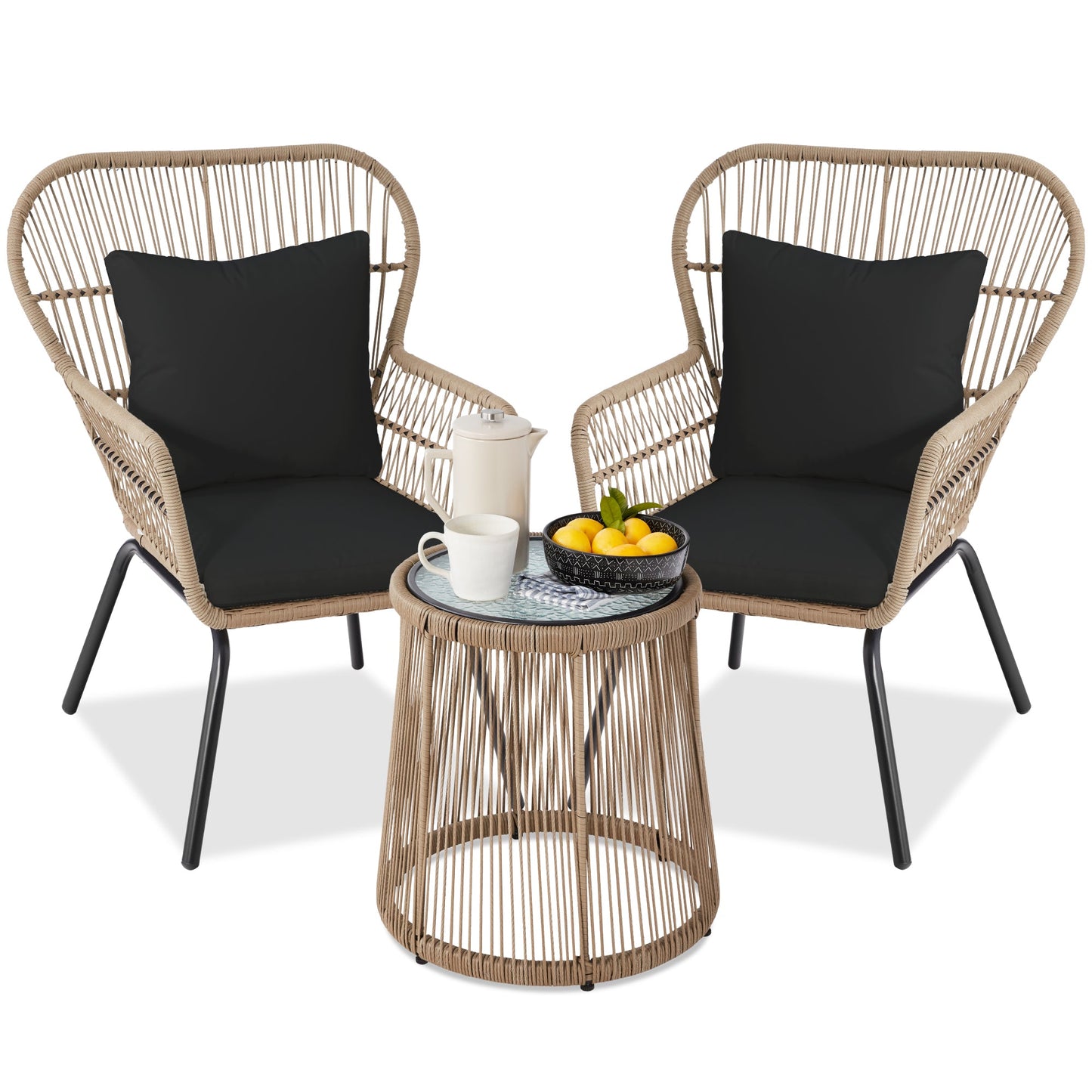 3-Piece Patio Wicker Conversation Bistro Set w/ 2 Chairs, Glass Top Table