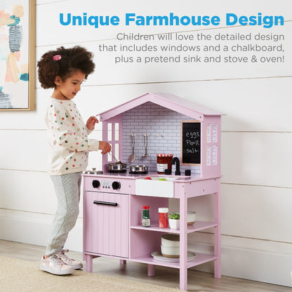 Kids Farmhouse Play Kitchen w/ Chalkboard, Storage Shelves, 5 Accessories