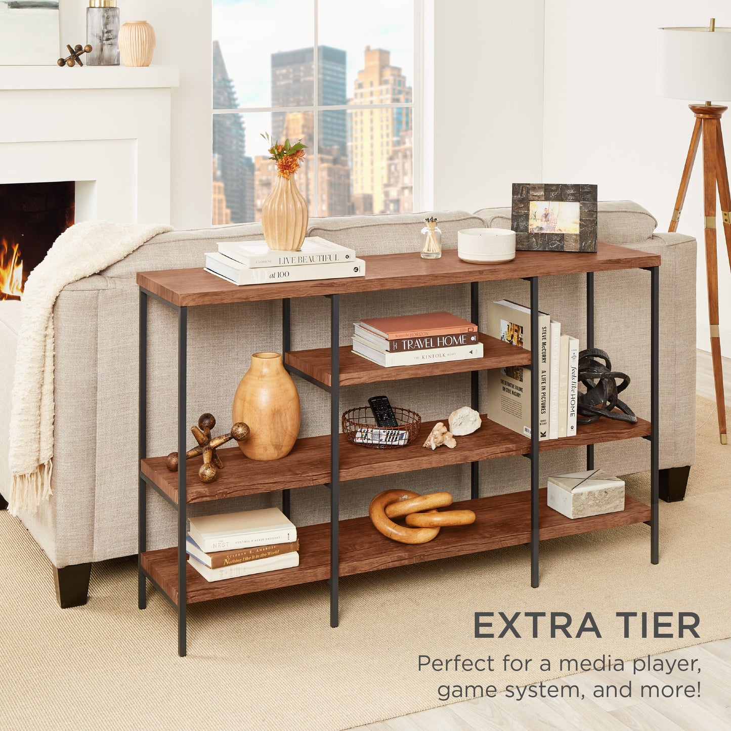 4-Tier Industrial Console Table w/ Tall Shelf Space - 55in