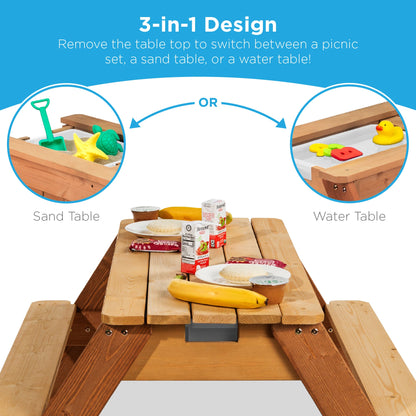 3-in-1 Kids Sand & Water Table Outdoor Wood Picnic Table w/ Umbrella