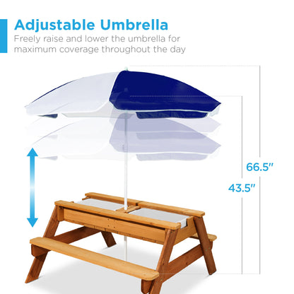 3-in-1 Kids Sand & Water Table Outdoor Wood Picnic Table w/ Umbrella