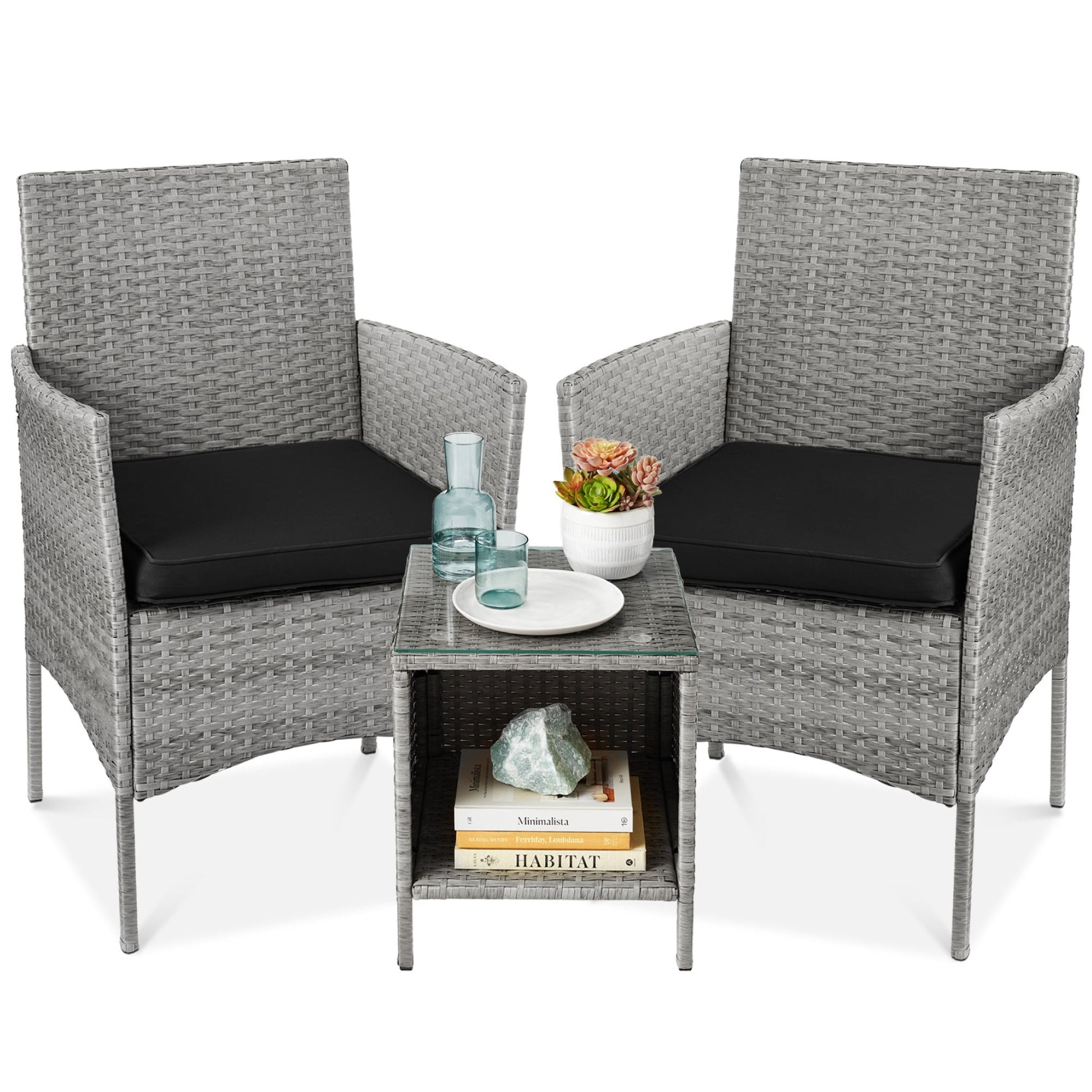 3-Piece Outdoor Patio Wicker Bistro Set w/ Side Storage Table