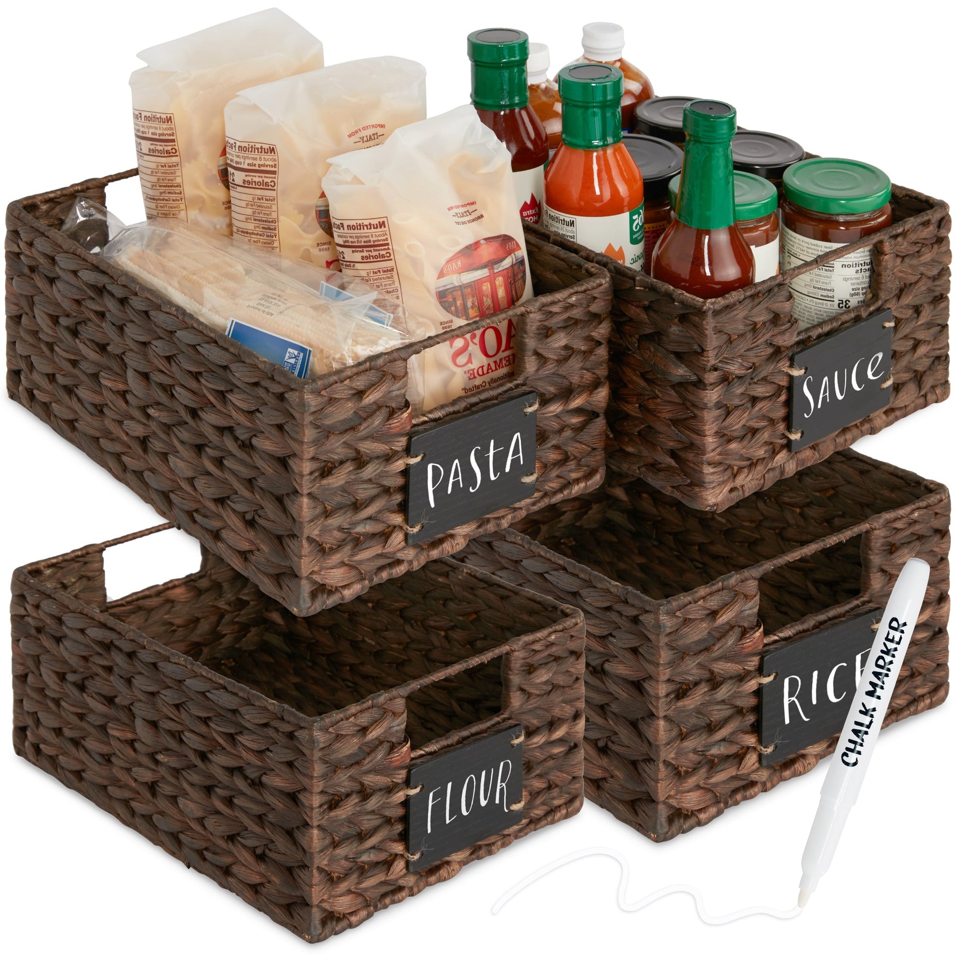 Set of 4 Water Hyacinth Pantry Baskets w/ Chalkboard, Marker - 12in