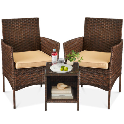 3-Piece Outdoor Patio Wicker Bistro Set w/ Side Storage Table