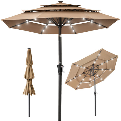 3-Tier Solar Patio Umbrella w/ LED Lights, Tilt Adjustment, Crank - 10ft