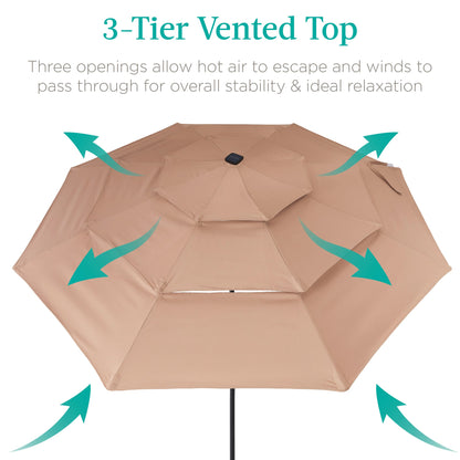 3-Tier Solar Patio Umbrella w/ LED Lights, Tilt Adjustment, Crank - 10ft