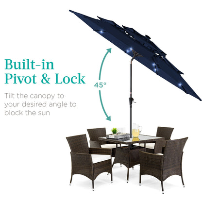 3-Tier Solar Patio Umbrella w/ LED Lights, Tilt Adjustment, Crank - 10ft