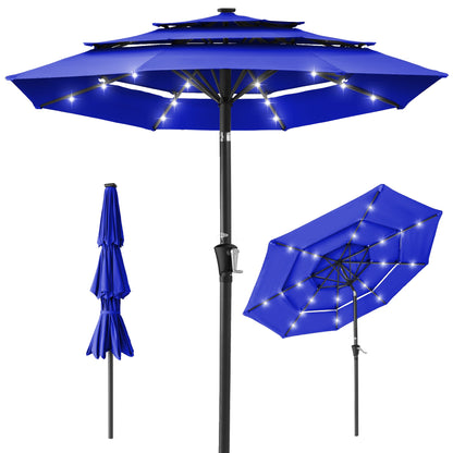 3-Tier Solar Patio Umbrella w/ LED Lights, Tilt Adjustment, Crank - 10ft