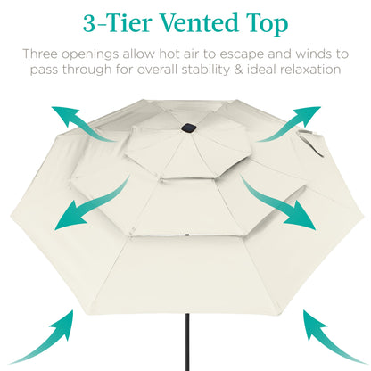 3-Tier Solar Patio Umbrella w/ LED Lights, Tilt Adjustment, Crank - 10ft