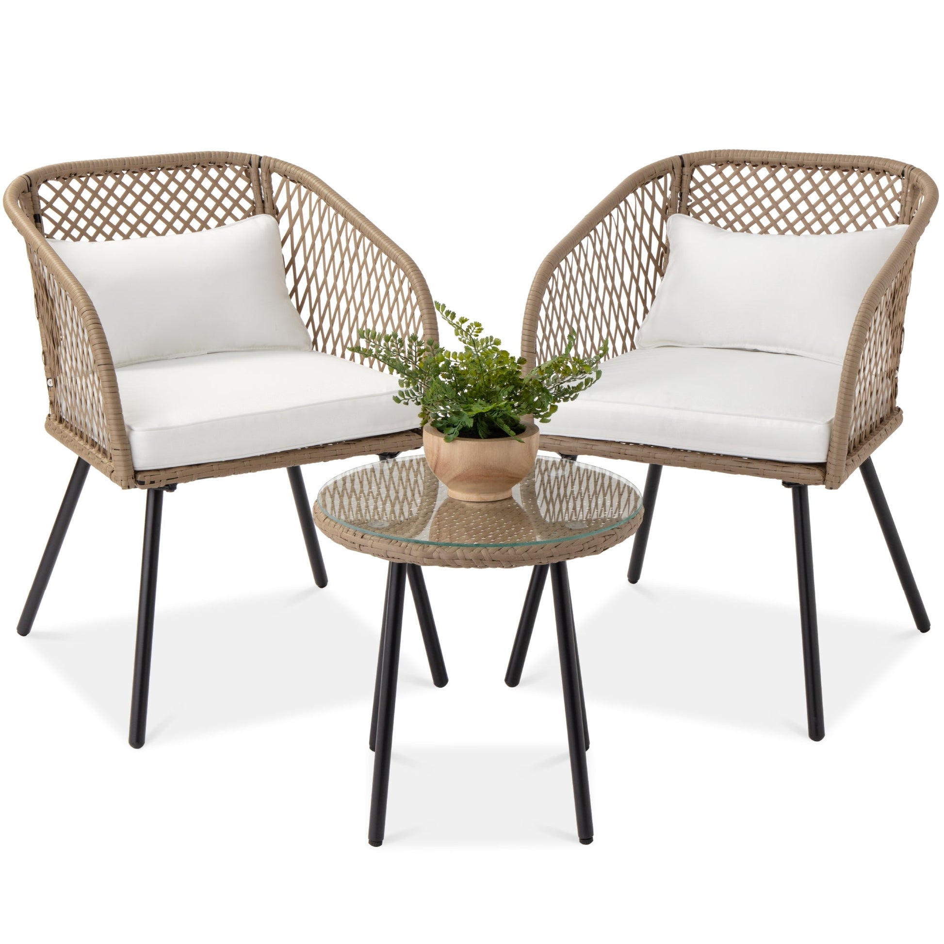 3-Piece Outdoor Diamond Weave Wicker Bistro Set w/ Tempered Glass Side Table