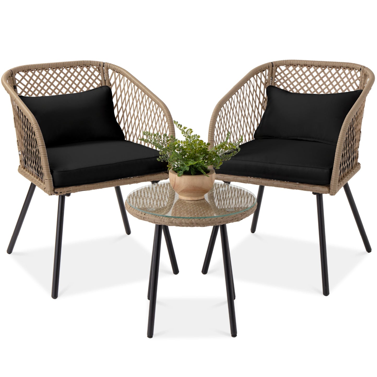 3-Piece Outdoor Diamond Weave Wicker Bistro Set w/ Tempered Glass Side Table