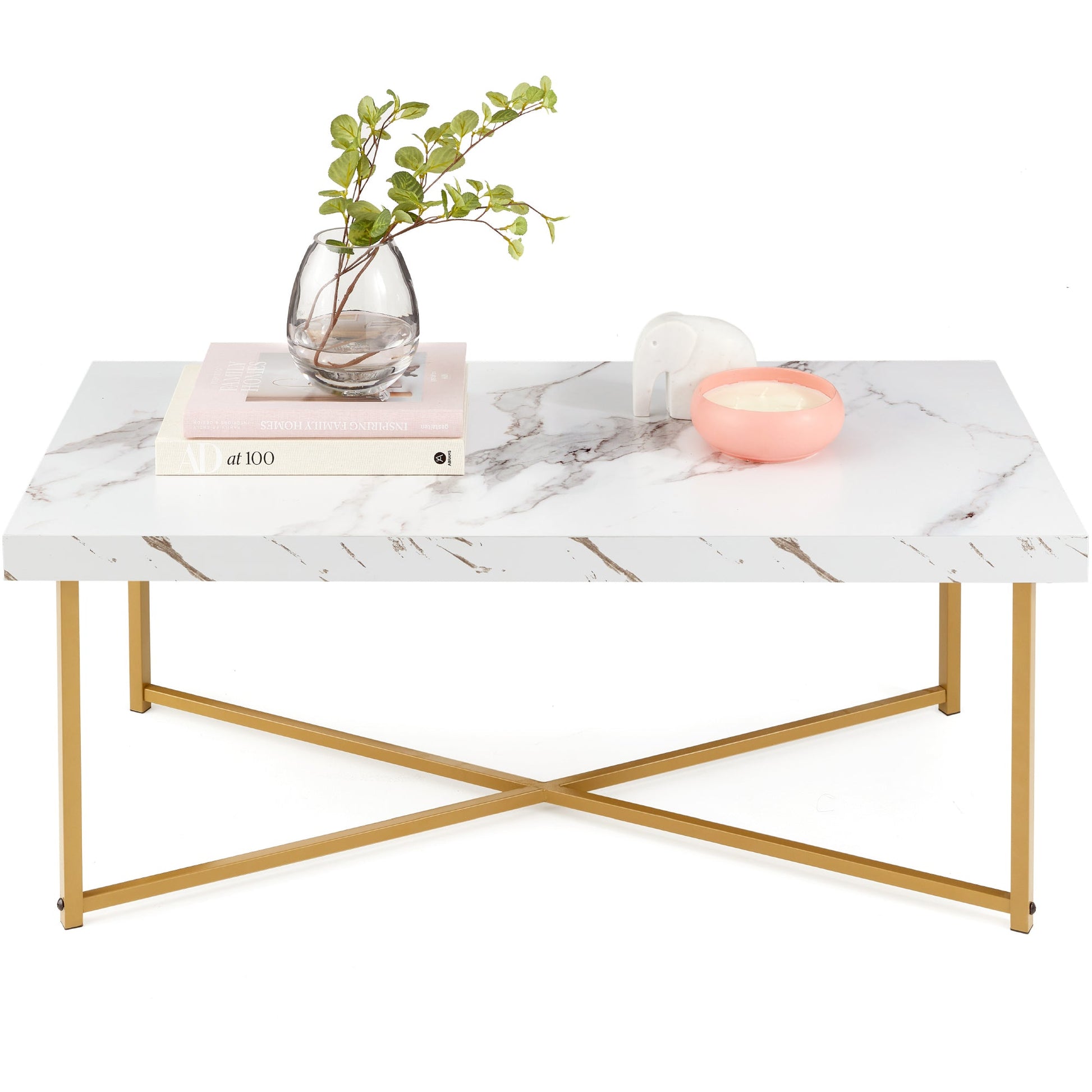 Rectangular Coffee Table w/ X-Base, Faux Marble Top, Non-Scratch Feet - 44in