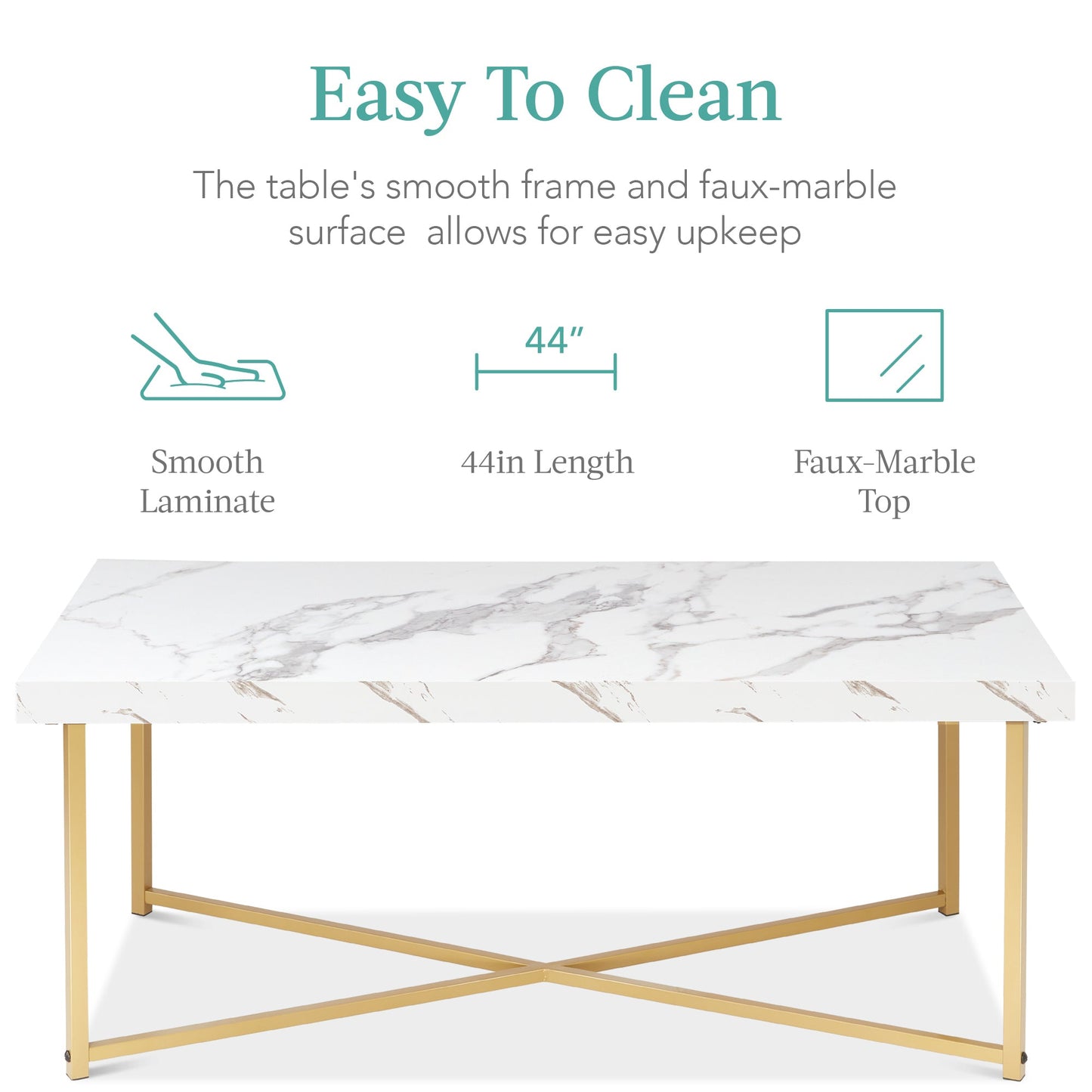 Rectangular Coffee Table w/ X-Base, Faux Marble Top, Non-Scratch Feet - 44in