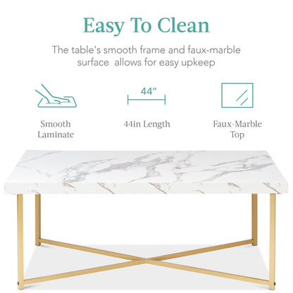 Rectangular Coffee Table w/ X-Base, Faux Marble Top, Non-Scratch Feet - 44in