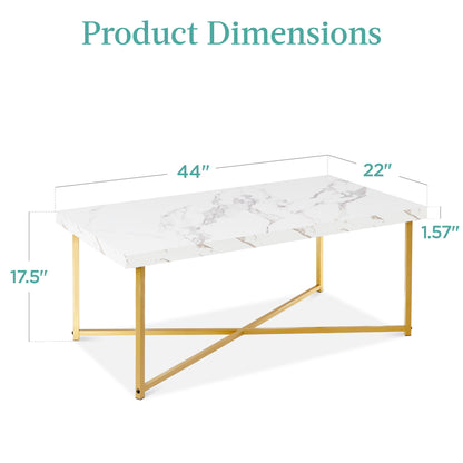 Rectangular Coffee Table w/ X-Base, Faux Marble Top, Non-Scratch Feet - 44in