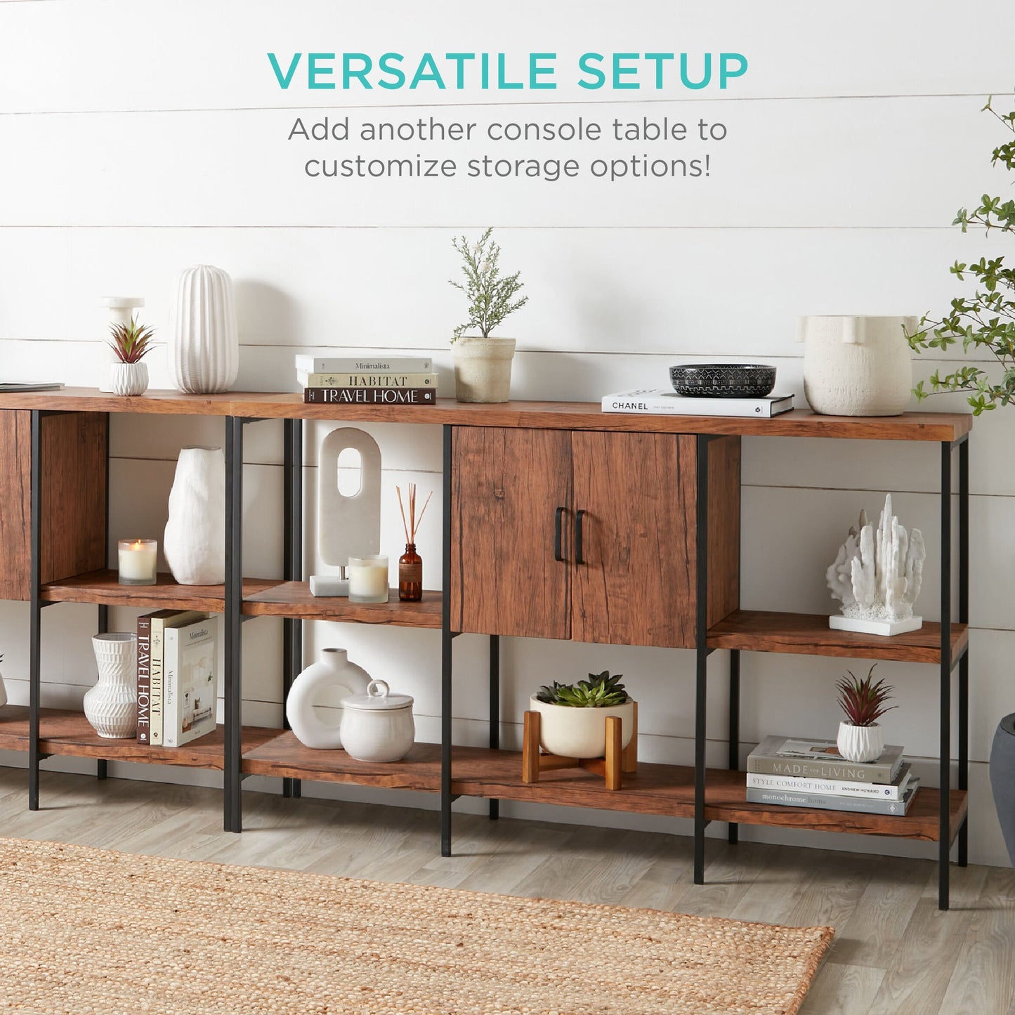 3-Tier Shelf Console Table w/ Cabinet, Non-Scratching Feet - 55in