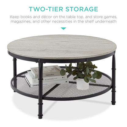 2-Tier Round Industrial Wood & Steel Coffee Table, Storage Shelves - 35.5in