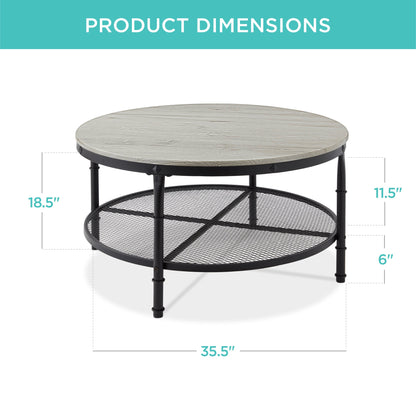 2-Tier Round Industrial Wood & Steel Coffee Table, Storage Shelves - 35.5in