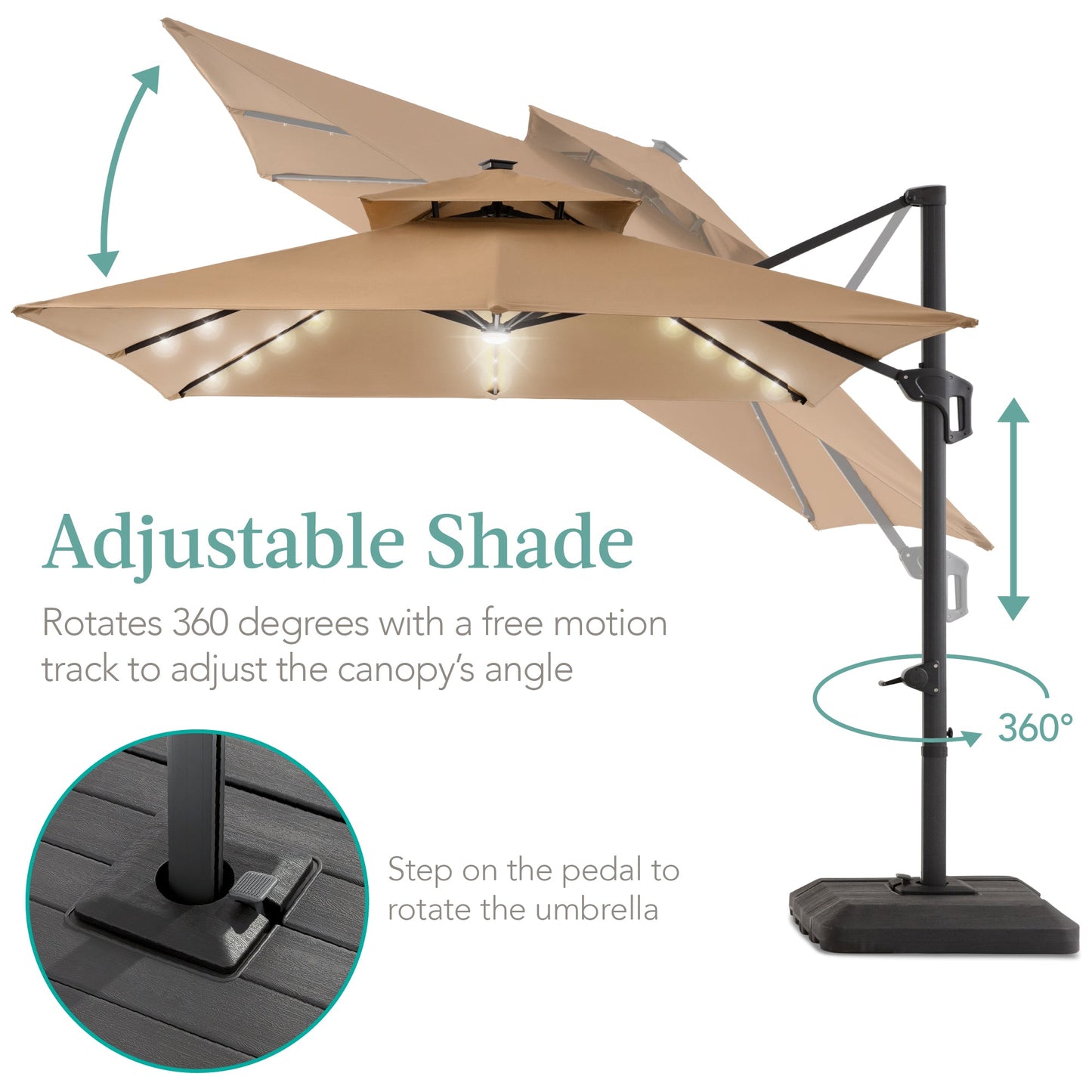 2-Tier Square LED Cantilever Offset Umbrella w/ 360 Rotation, Base - 10x10ft
