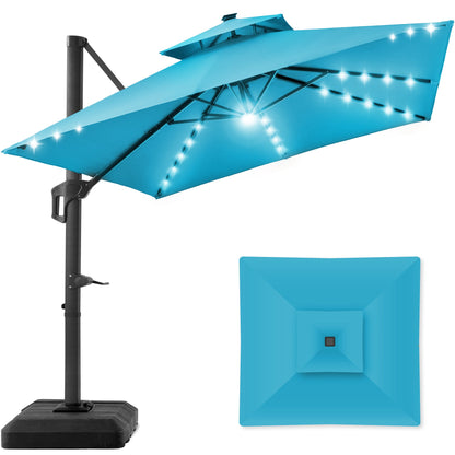 2-Tier Square LED Cantilever Offset Umbrella w/ 360 Rotation, Base - 10x10ft