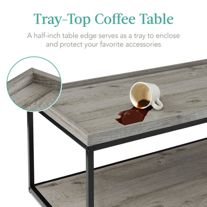 2-Tier Rectangular Tray Top Coffee Table w/ Metal Frame, Shelf - 44in