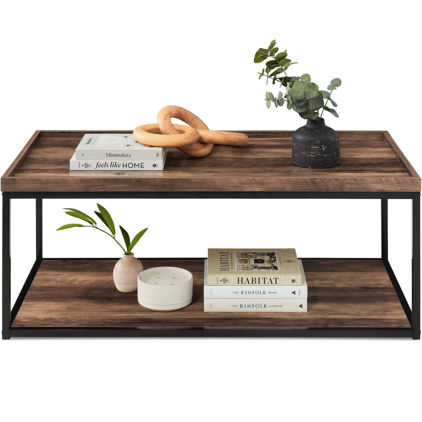 2-Tier Rectangular Tray Top Coffee Table w/ Metal Frame, Shelf - 44in
