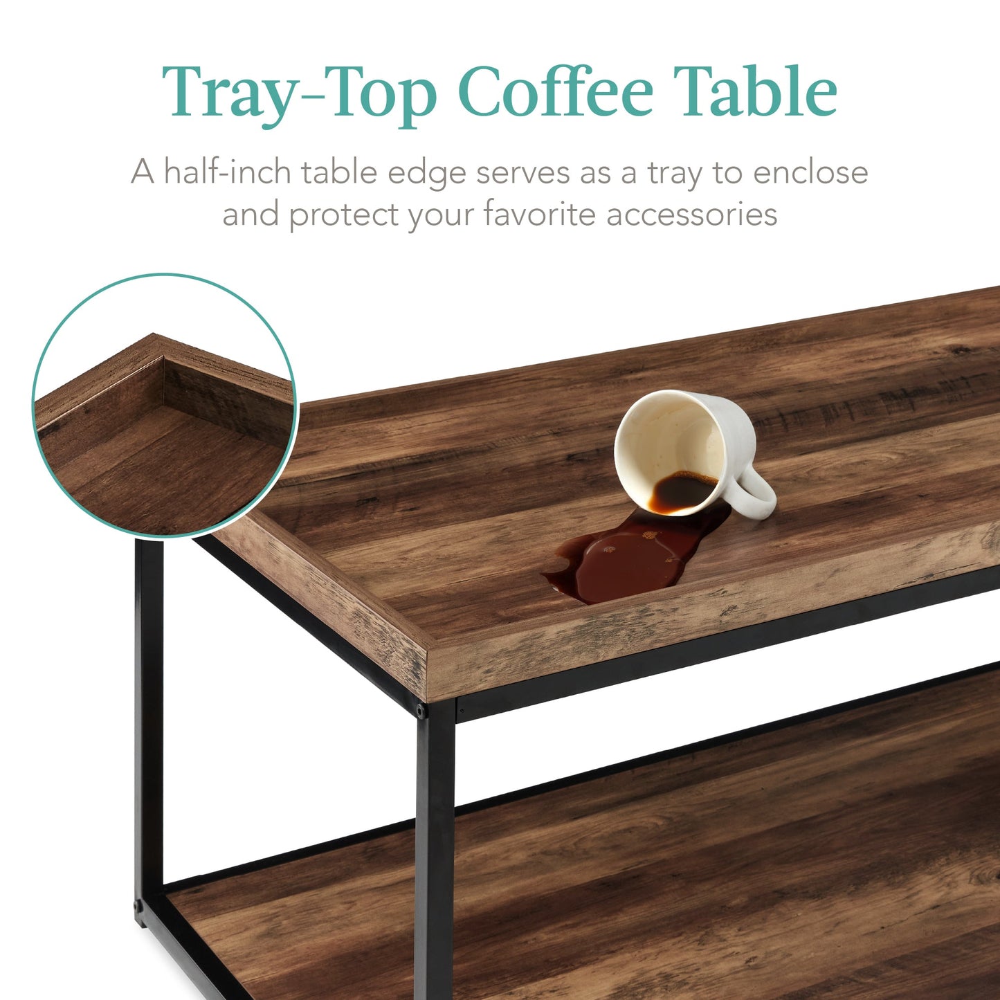 2-Tier Rectangular Tray Top Coffee Table w/ Metal Frame, Shelf - 44in