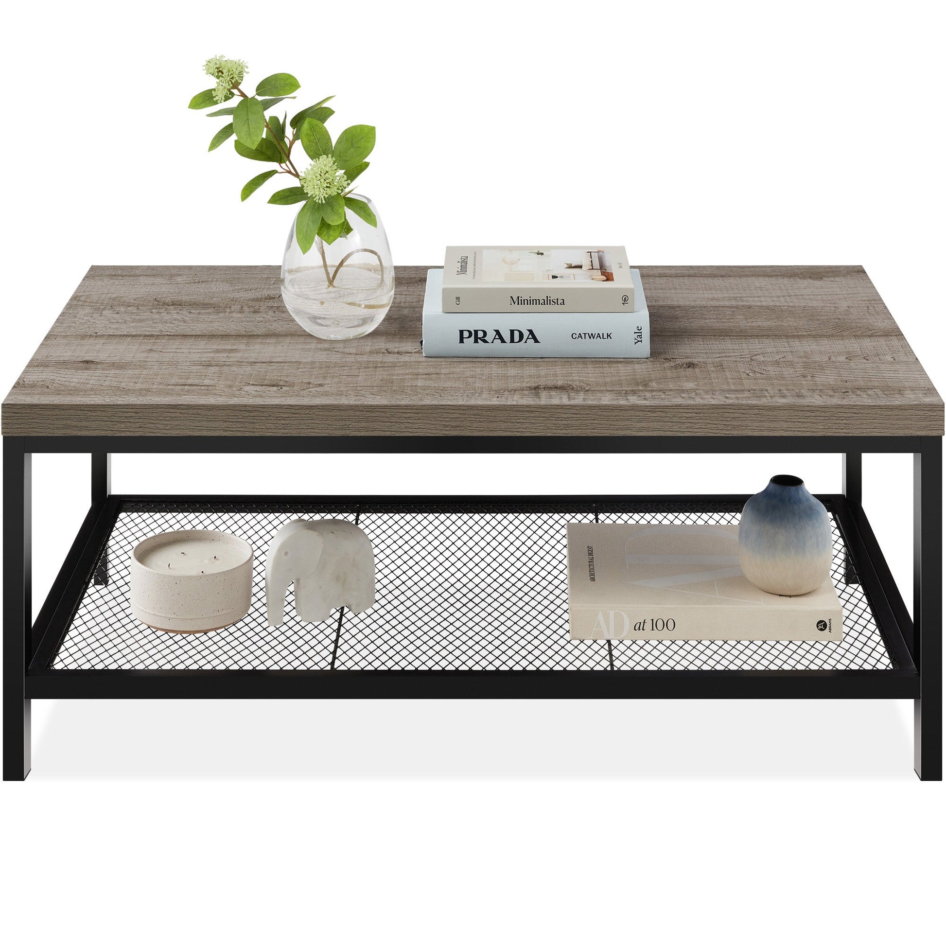 2-Tier Modern Coffee Table Industrial Rectangular Accent w/ Shelf - 44in