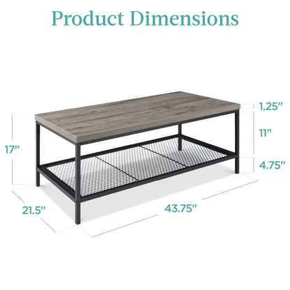 2-Tier Modern Coffee Table Industrial Rectangular Accent w/ Shelf - 44in