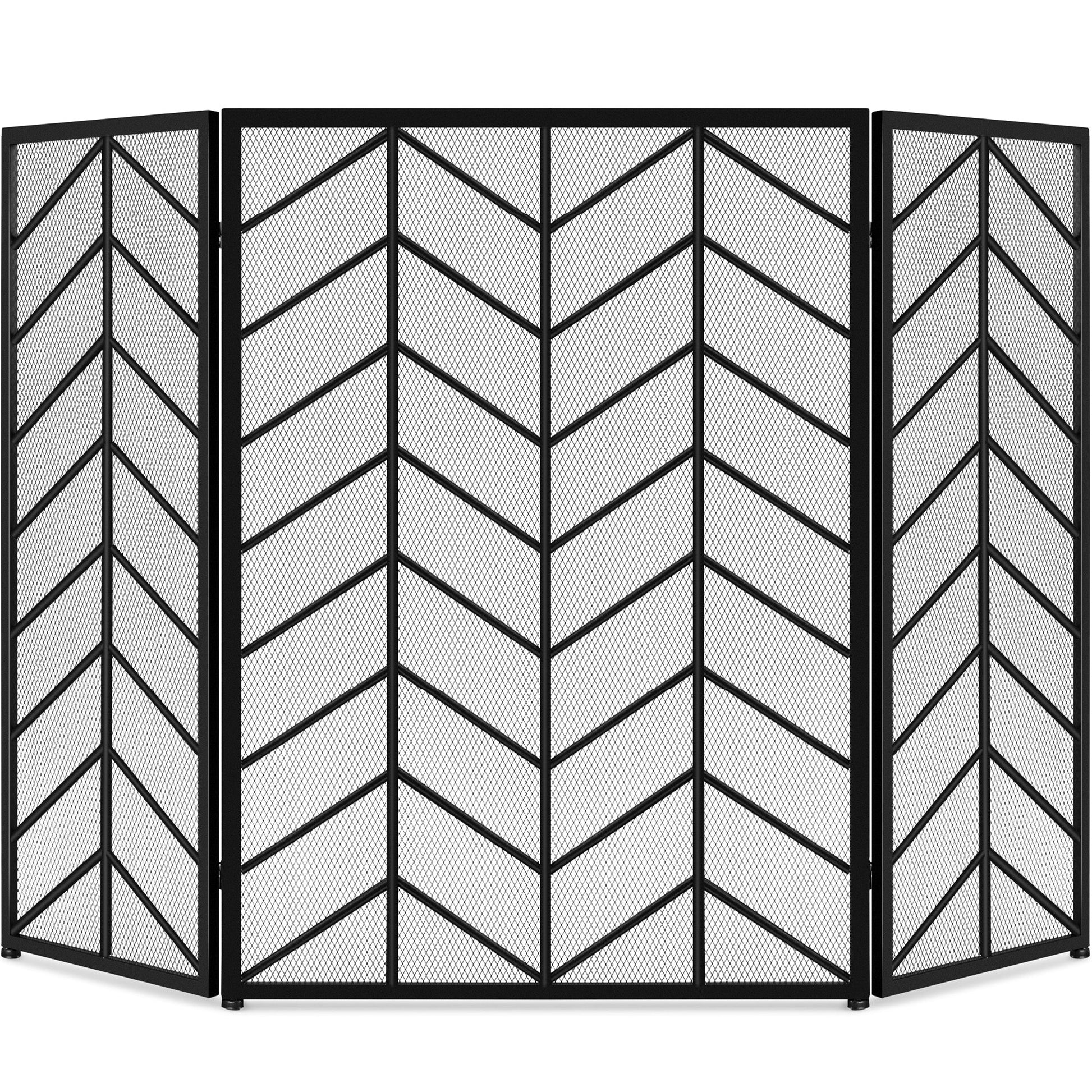 3-Panel Iron Chevron Fireplace Screen w/ Handles - 52x31in