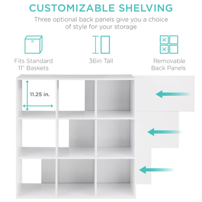 9-Cube Bookshelf Storage Display w/ 3 Removable Panels, Customizable Design