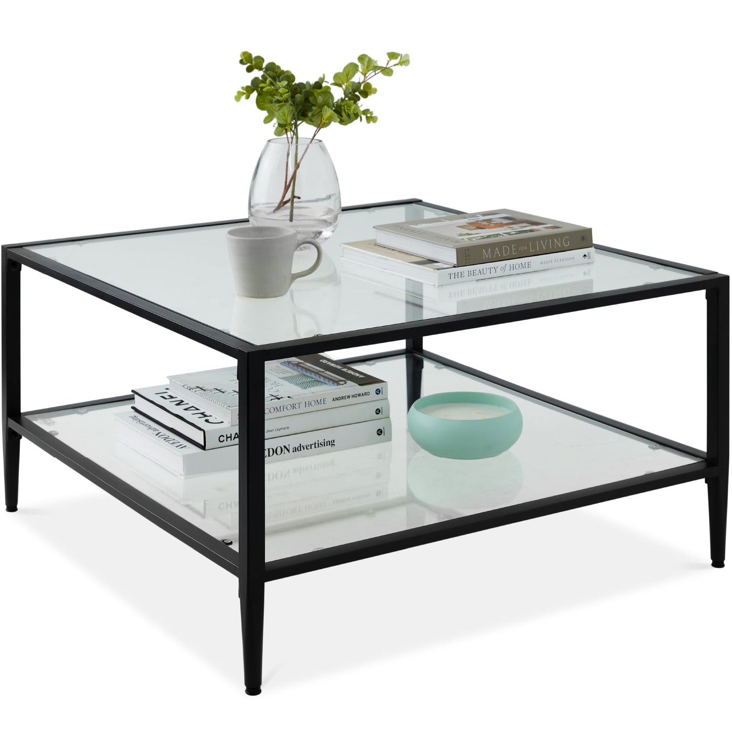 2-Tier Square Coffee Table Living Room Accent w/ Glass Top - 32x32in