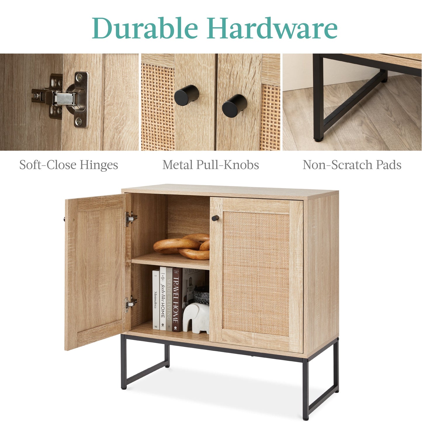 2-Door Rattan Storage Cabinet Accent Furniture for Living Room w/ Foot Pads