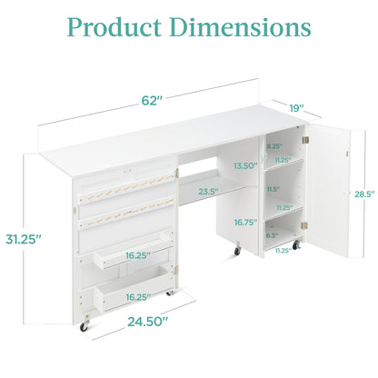 Large Portable Folding Sewing Table Multipurpose Craft Station w/ Wheels