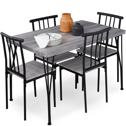 5-Piece Modern Metal and Wood Dining Table Furniture Set w/ 4 Chairs