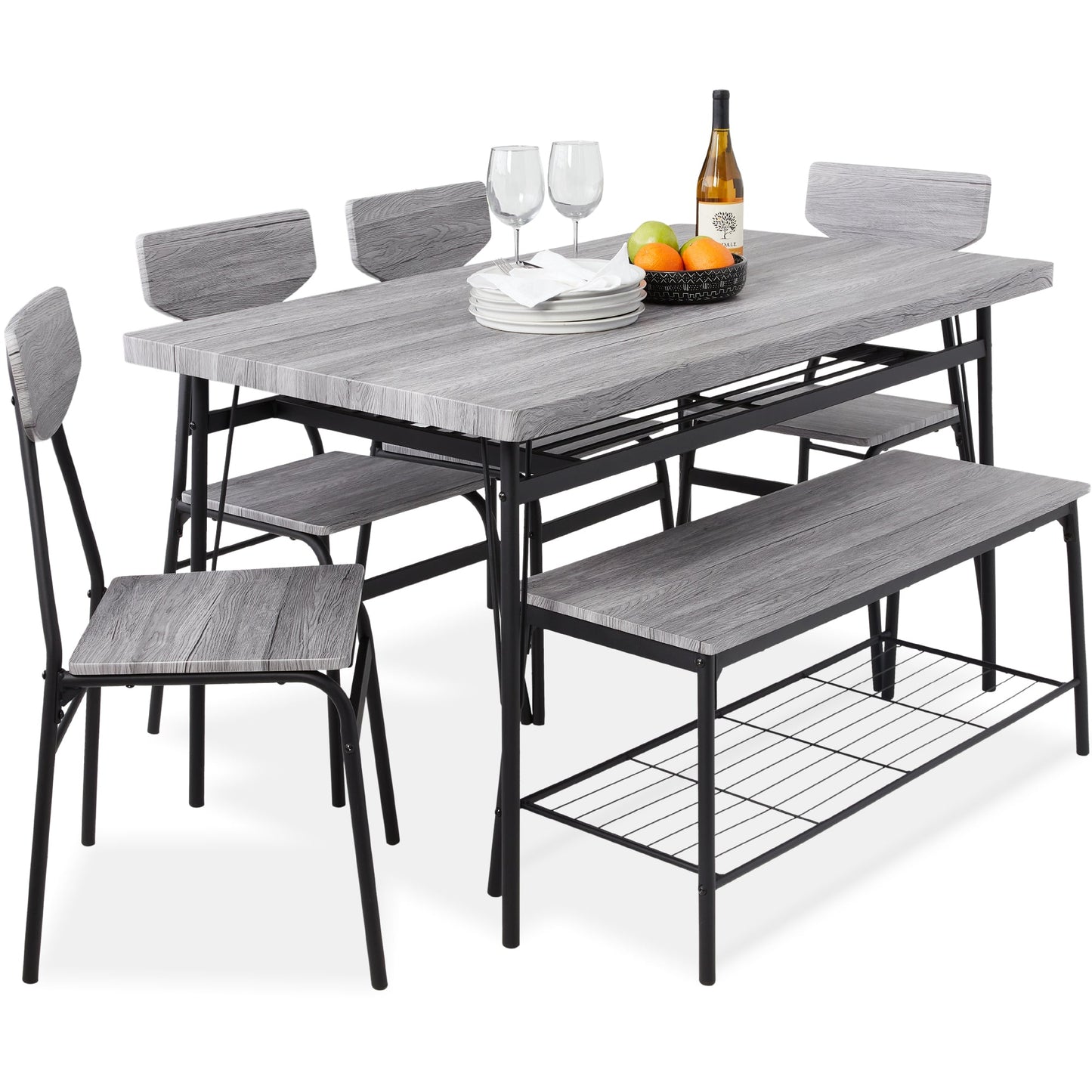 6-Piece Modern Dining Set w/ Storage Racks, Table, Bench, 4 Chairs - 55in
