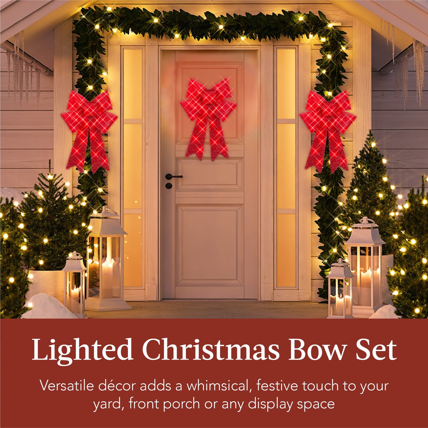 Set of 3 Pre-Lit Christmas Bow Decoration, LED Holiday Decor w/ 8 Functions