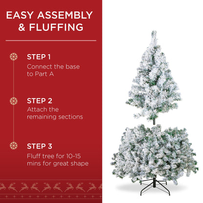 Premium Snow Flocked Artificial Pine Christmas Tree w/ Foldable Metal Base