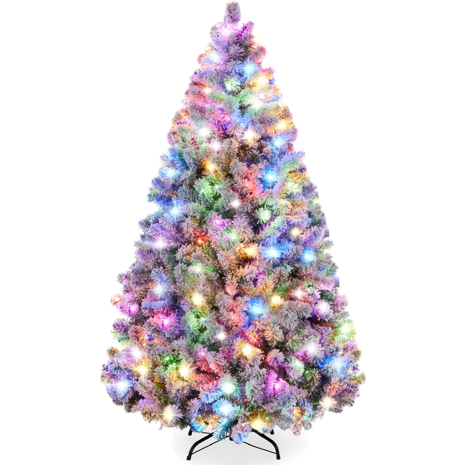 Pre-Lit Snow Flocked Artificial Pine Christmas Tree w/ Multicolored Lights