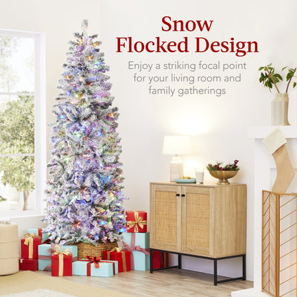 Pre-Lit Snow Flocked Artificial Pencil Christmas Tree w/ Multicolor Lights