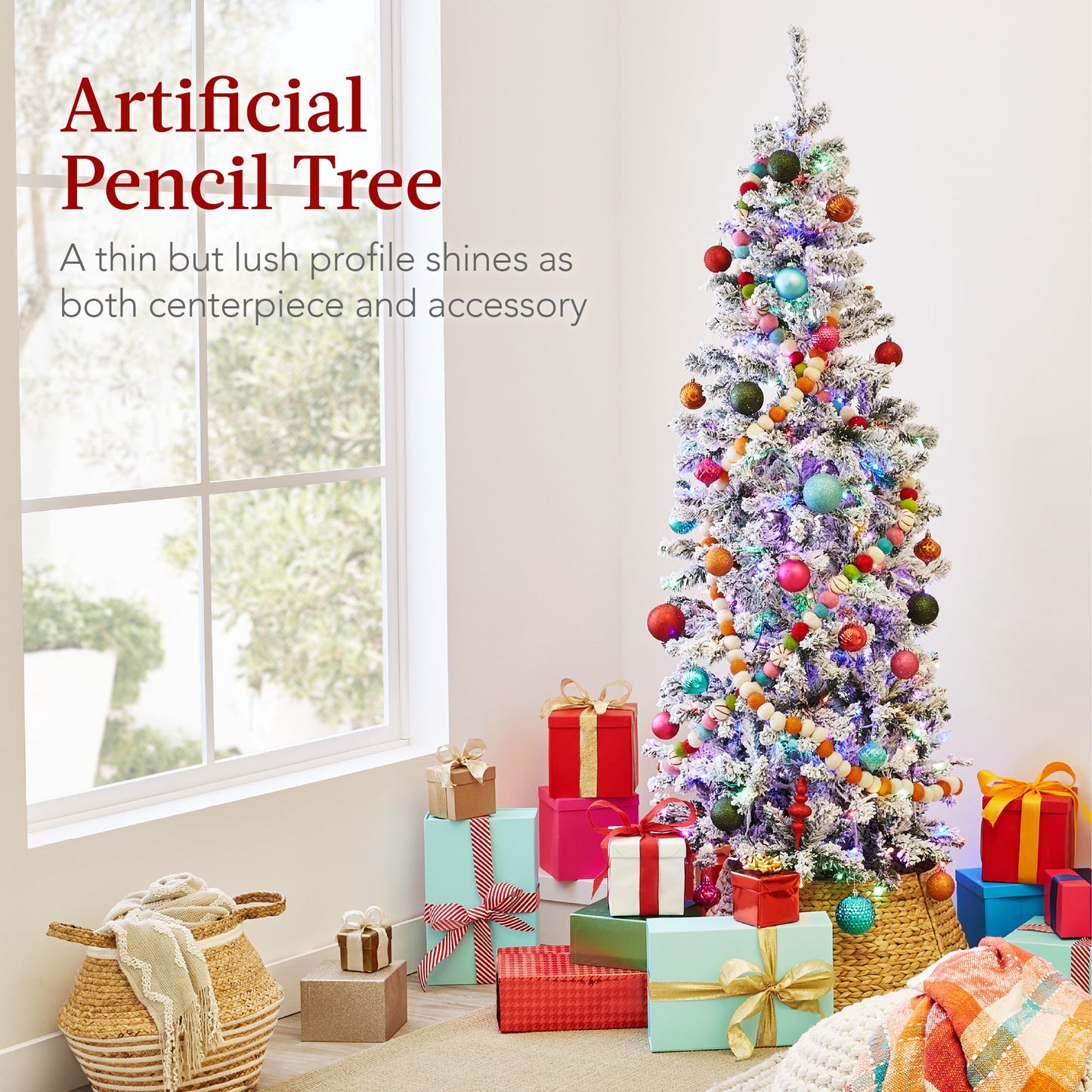 Pre-Lit Snow Flocked Artificial Pencil Christmas Tree w/ Multicolor Lights