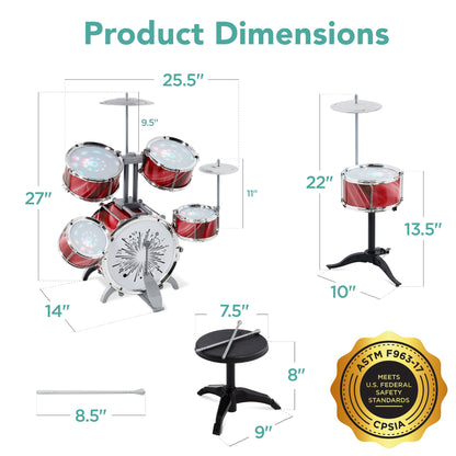 18-Piece Kids Beginner Drum Kit, Musical Instrument Toy Set w/ LED Lights