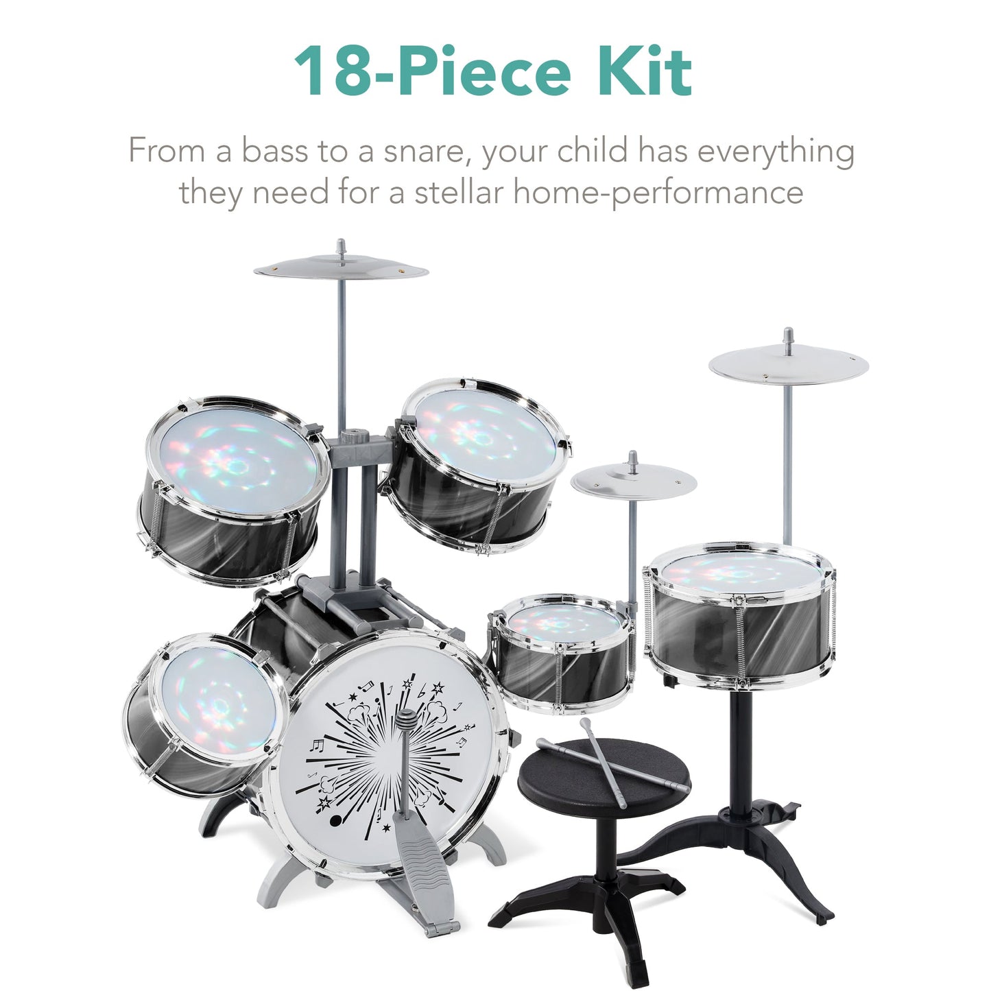 18-Piece Kids Beginner Drum Kit, Musical Instrument Toy Set w/ LED Lights