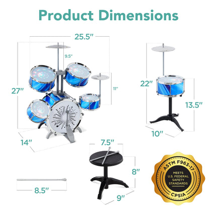 18-Piece Kids Beginner Drum Kit, Musical Instrument Toy Set w/ LED Lights