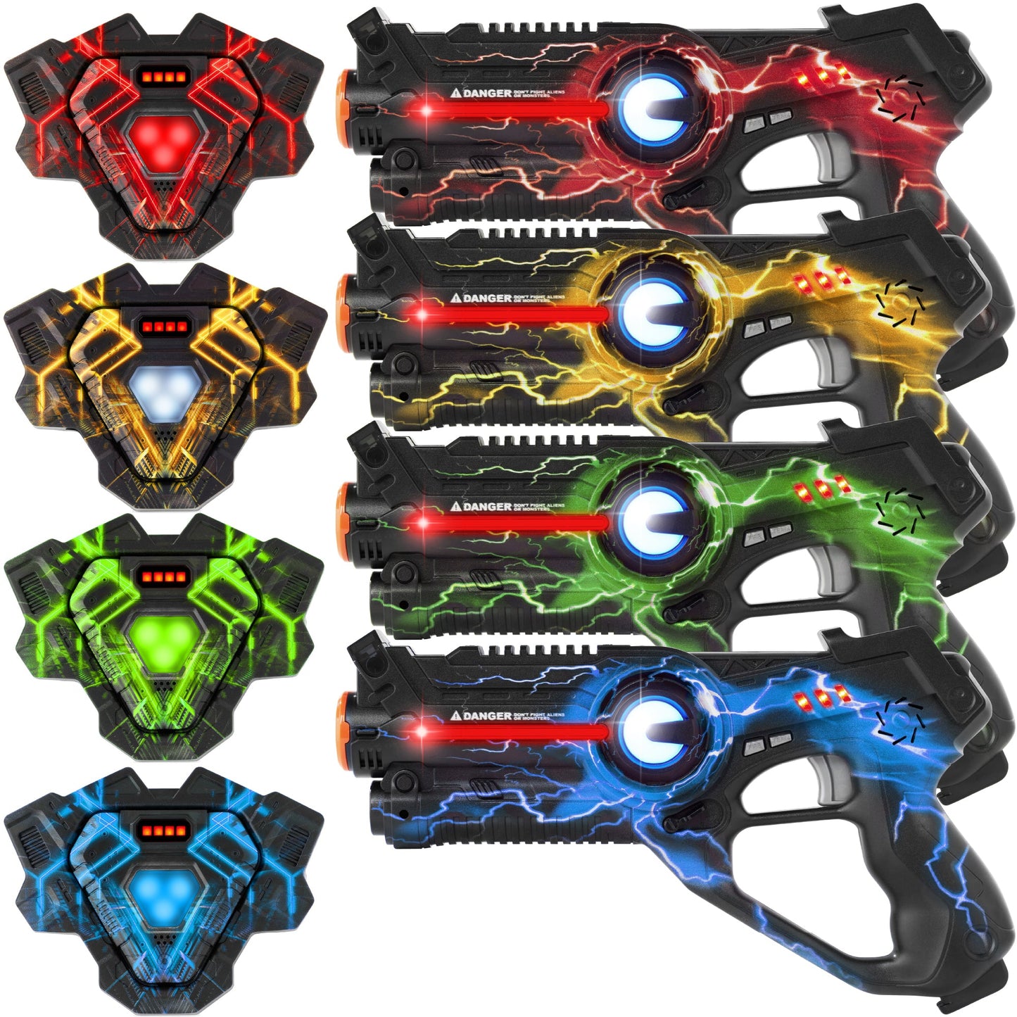 Set of 4 Infrared Laser Tag Blasters & Vests for All Ages w/ Electric Theme