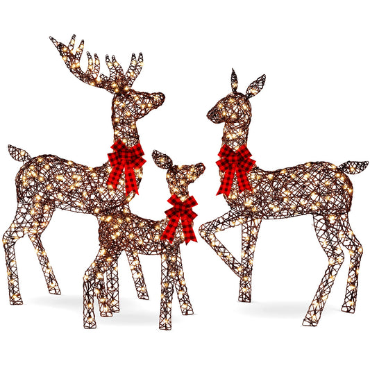 3-Piece Lighted Rattan Deer Family Outdoor Decor Set w/ 360 Lights