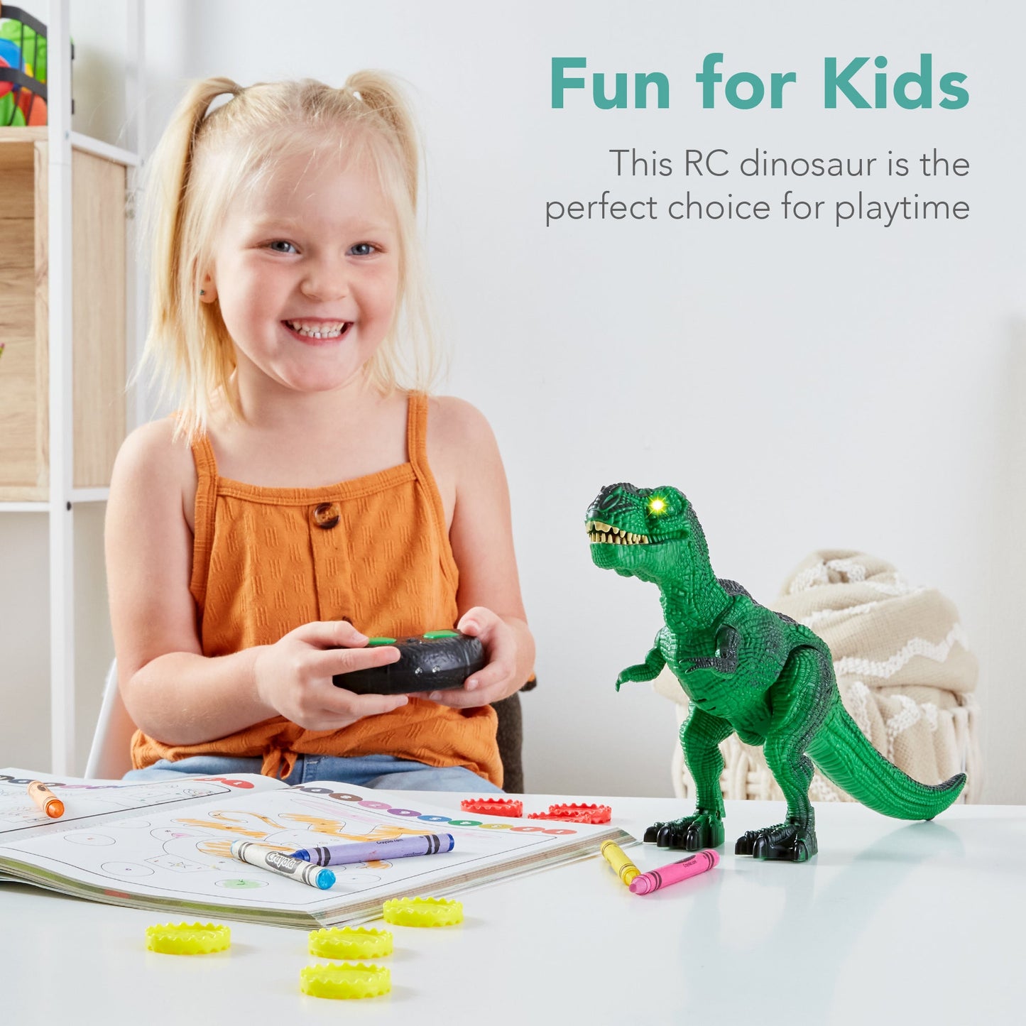 Kids Remote Control Dinosaur T-Rex w/ Light-Up LED Eyes, Roaring Sounds