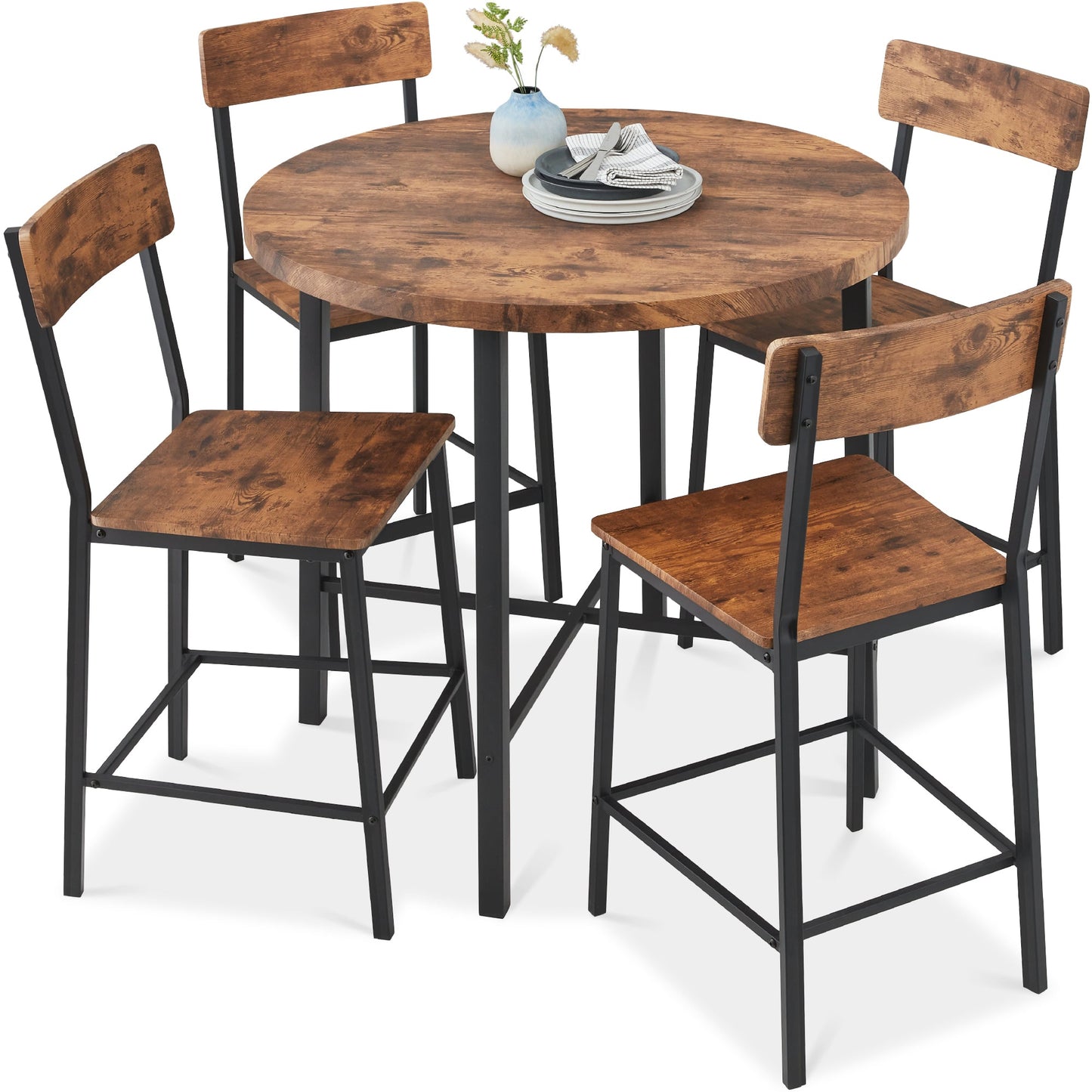 5-Piece Modern Round Counter Height Dining Set w/ 4 Chairs