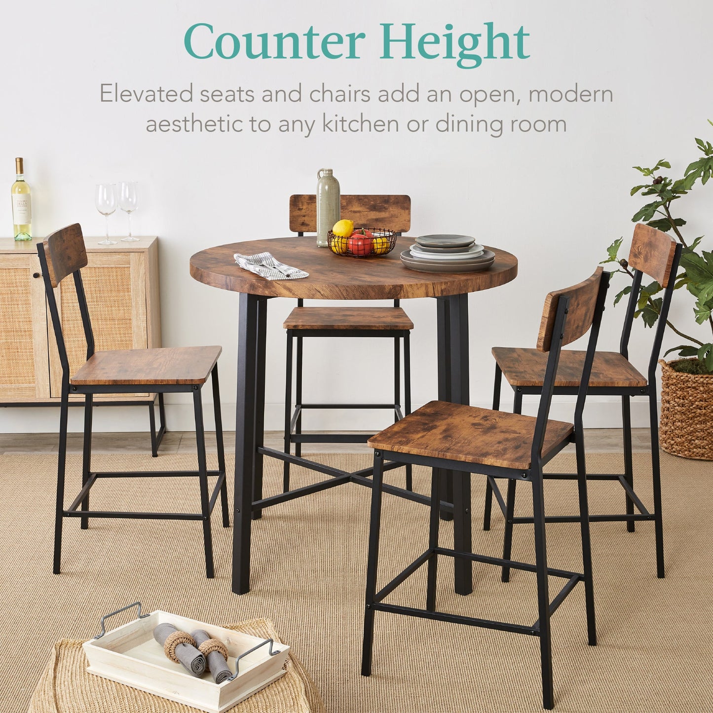 5-Piece Modern Round Counter Height Dining Set w/ 4 Chairs