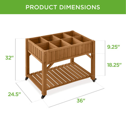 Elevated Mobile Pocket Herb Garden Bed w/ Lockable Wheels, Storage Shelf